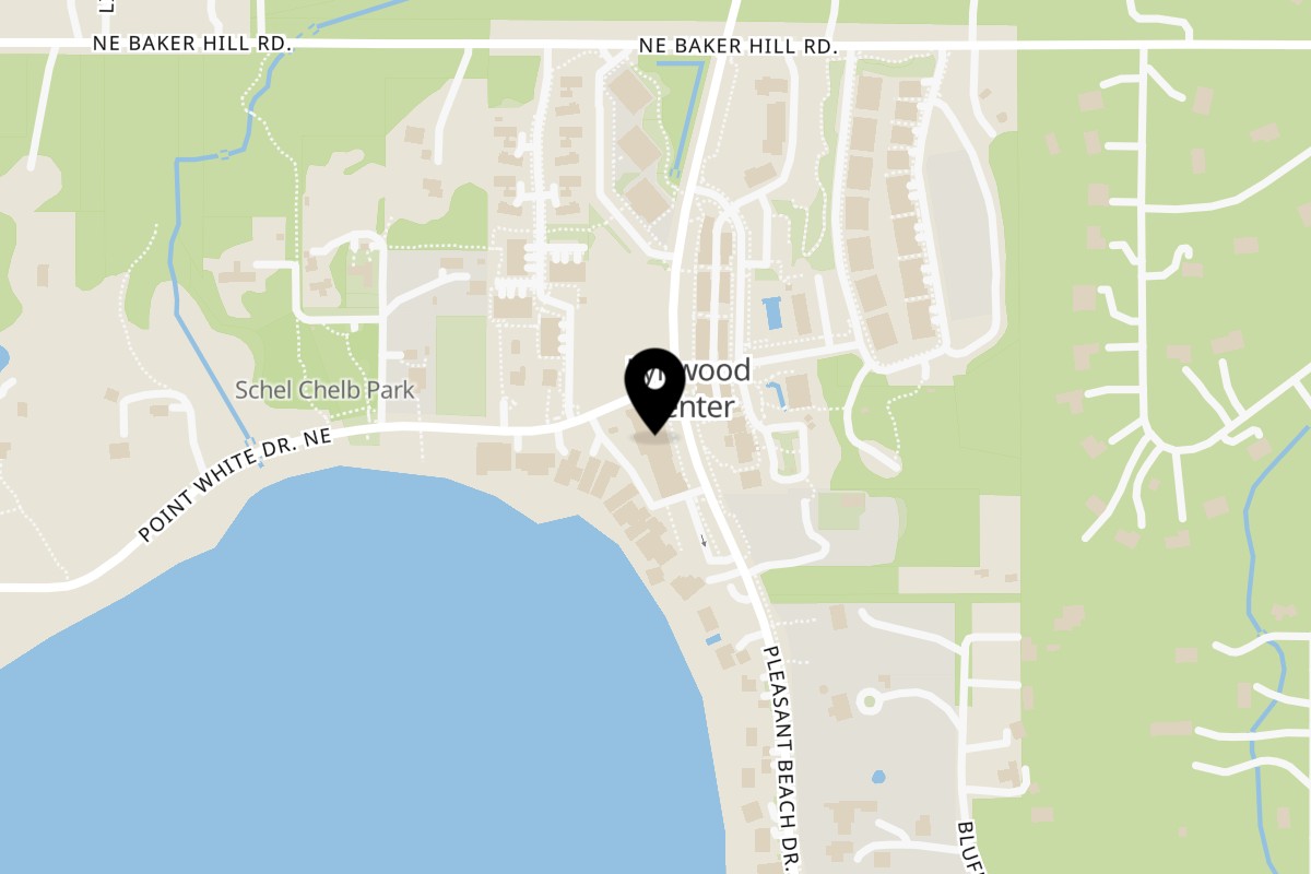 Map showing the location of Raices Cocina & Bar on 4569 Lynwood Center Road Northeast in Bainbridge Island